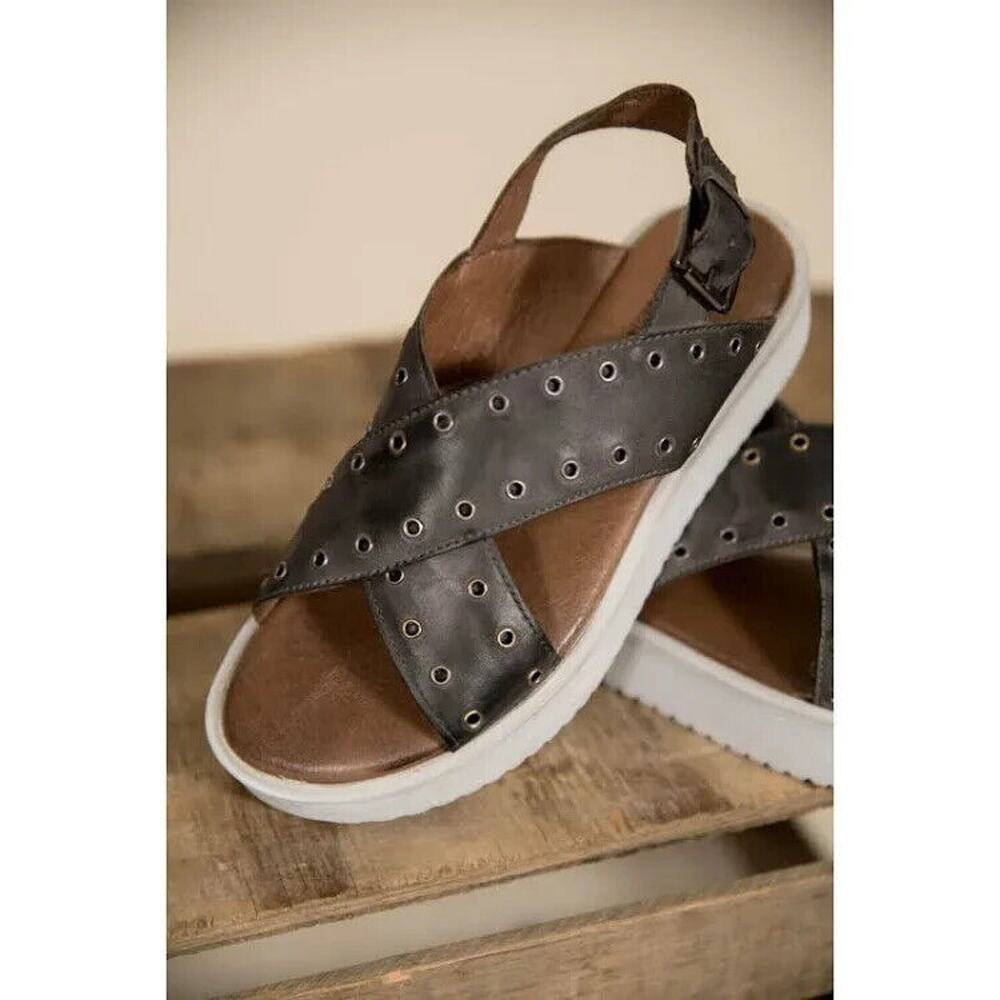 BED|STU Black Leather Eyelet Crisscross Slingback Sandals